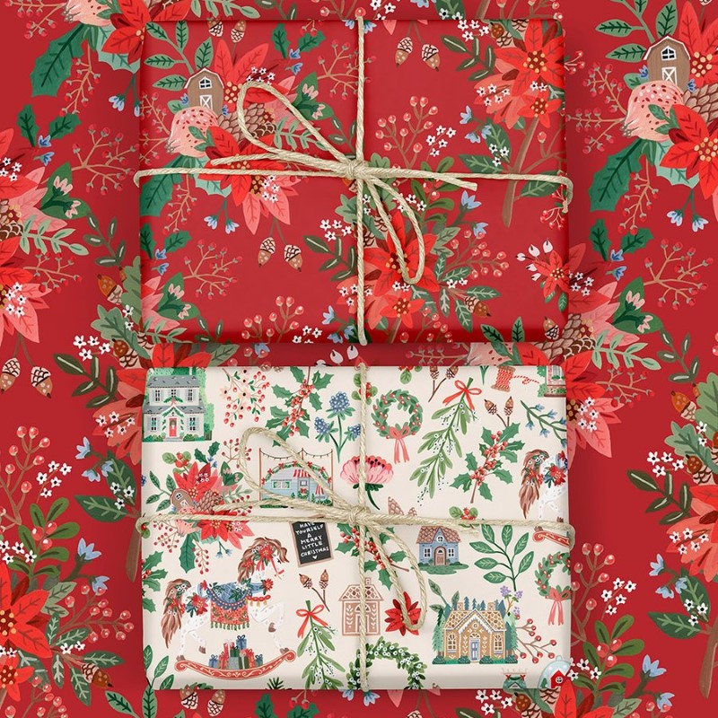 Luxury Christmas Wrapping Paper - Joy / Red Floral (Double Sided